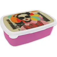 MuchoWow Broodtrommel Roze - Lunchbox Meisje - Zonnebril - Kat - Retro - Brooddoos 18x12x6 cm - Brood lunch box - Broodtrommels voor kinderen en volwassenen