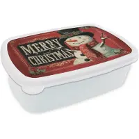 MuchoWow Broodtrommel Wit - Lunchbox Klassiek - Kerstgroet - Sneeuwpop - Rood - Brooddoos 18x12x6 cm - Brood lunch box - Broodtrommels voor kinderen en volwassenen