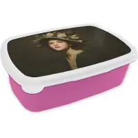 MuchoWow Broodtrommel Roze - Lunchbox Bloemenhoed - Portret - Vrouw - Brooddoos 18x12x6 cm - Brood lunch box - Broodtrommels voor kinderen en volwassenen