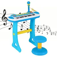 Costway Kinderkeyboard met 31 toetsen, draagbaar muziekinstrument met meerdere geluiden en lichteffecten, verstelbare microfoon en kruk, schattig speelgoedpiano voor kinderen vanaf 3 jaar (blauw)
