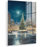 MuchoWow Glasschilderij 120x160 cm - Schilderij acrylglas - Kerstnacht - Stadsplein - Meerkleurig - Foto op glas - Muurdecoratie woonkamer - Wanddecoratie slaapkamer - Schilderijen