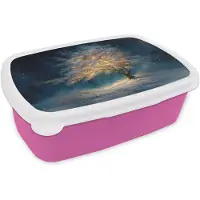 MuchoWow Broodtrommel Roze - Lunchbox Levensboom - Nacht - Donker - Blauw - Brooddoos 18x12x6 cm - Brood lunch box - Broodtrommels voor kinderen en volwassenen