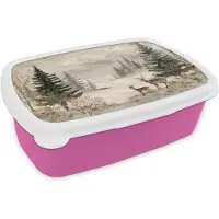 MuchoWow Broodtrommel Roze - Lunchbox Bos - Herten - Winter - Sneeuw - Brooddoos 18x12x6 cm - Brood lunch box - Broodtrommels voor kinderen en volwassenen