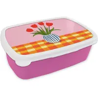 MuchoWow Broodtrommel Roze - Lunchbox Tulpen - Roze - Vaas - Brooddoos 18x12x6 cm - Brood lunch box - Broodtrommels voor kinderen en volwassenen