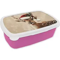 MuchoWow Broodtrommel Roze - Lunchbox Kerst - Hert - Gewei - Rood - Brooddoos 18x12x6 cm - Brood lunch box - Broodtrommels voor kinderen en volwassenen