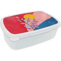 MuchoWow Broodtrommel Wit - Lunchbox Bladeren - Zon - Abstracte vormen - Brooddoos 18x12x6 cm - Brood lunch box - Broodtrommels voor kinderen en volwassenen