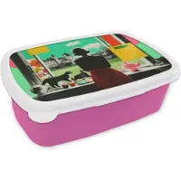 MuchoWow Broodtrommel Roze - Lunchbox Vrouw - Keuken - Katten - Doorkijk - Brooddoos 18x12x6 cm - Brood lunch box - Broodtrommels voor kinderen en volwassenen