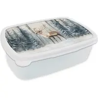 MuchoWow Broodtrommel Wit - Lunchbox Rendier - Sneeuw - Woud - Wit - Brooddoos 18x12x6 cm - Brood lunch box - Broodtrommels voor kinderen en volwassenen