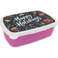 MuchoWow Broodtrommel Roze - Lunchbox Feestelijk - Kerstgroet - Kleurrijk - Brooddoos 18x12x6 cm - Brood lunch box - Broodtrommels voor kinderen en volwassenen