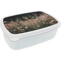 MuchoWow Broodtrommel Wit - Lunchbox Hert - Wilde bloemen - Bos - Brooddoos 18x12x6 cm - Brood lunch box - Broodtrommels voor kinderen en volwassenen