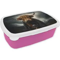 MuchoWow Broodtrommel Roze - Lunchbox Schotse hooglander - Sjaal - Bergen - Brooddoos 18x12x6 cm - Brood lunch box - Broodtrommels voor kinderen en volwassenen