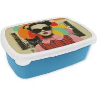 MuchoWow Broodtrommel Blauw - Lunchbox Meisje - Zonnebril - Kat - Retro - Brooddoos 18x12x6 cm - Brood lunch box - Broodtrommels voor kinderen en volwassenen