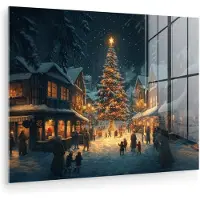 MuchoWow Glasschilderij 160x120 cm - Schilderij acrylglas - Kerstfeest - Dorp - Donker - Foto op glas - Muurdecoratie woonkamer - Wanddecoratie slaapkamer - Schilderijen