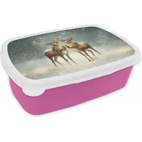 MuchoWow Broodtrommel Roze - Lunchbox Kerstmagie - Winterwoud - Rendier - Brooddoos 18x12x6 cm - Brood lunch box - Broodtrommels voor kinderen en volwassenen
