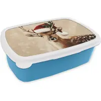 MuchoWow Broodtrommel Blauw - Lunchbox Kerst - Hert - Gewei - Rood - Brooddoos 18x12x6 cm - Brood lunch box - Broodtrommels voor kinderen en volwassenen