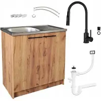 Stamar - Keukenkast 80cm -Onderkast met Spoelbak met één compartiment + kraan + sifon - Eiken Goud