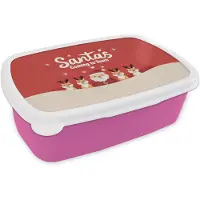 MuchoWow Broodtrommel Roze - Lunchbox Illustratie - Kerstman - Rendieren - Rood - Brooddoos 18x12x6 cm - Brood lunch box - Broodtrommels voor kinderen en volwassenen