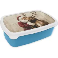 MuchoWow Broodtrommel Blauw - Lunchbox Kerstman - Rendier - Sneeuw - Kleurrijk - Brooddoos 18x12x6 cm - Brood lunch box - Broodtrommels voor kinderen en volwassenen