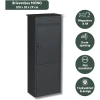 Famiflora brievenbus MONO met sleutelslot - mat zwart - 100 x 38 x 29 cm - topkwaliteit!