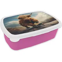 MuchoWow Broodtrommel Roze - Lunchbox Schotse hooglander - Hoorns - Skateboard - Brooddoos 18x12x6 cm - Brood lunch box - Broodtrommels voor kinderen en volwassenen