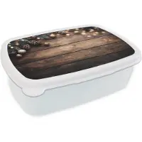 MuchoWow Broodtrommel Wit - Lunchbox Kerstdecoratie - Houten - Dennenappel - Bruin - Brooddoos 18x12x6 cm - Brood lunch box - Broodtrommels voor kinderen en volwassenen