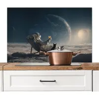KitchenYeah Spatscherm keuken 100x65 cm - Kookplaat achterwand Maan - Kat - Astronaut - Ruimte - Muurbeschermer - Spatwand fornuis - Hoogwaardig aluminium