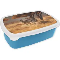 MuchoWow Broodtrommel Blauw - Lunchbox Zebra's - Savannelandschap - Gras - Brooddoos 18x12x6 cm - Brood lunch box - Broodtrommels voor kinderen en volwassenen