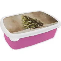 MuchoWow Broodtrommel Roze - Lunchbox Kerst - Sfeer - Groen - Brooddoos 18x12x6 cm - Brood lunch box - Broodtrommels voor kinderen en volwassenen