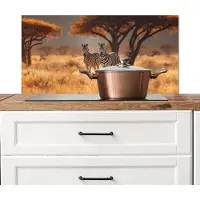 KitchenYeah Spatscherm keuken 90x45 cm - Kookplaat achterwand Zebra's - Savannelandschap - Gras - Muurbeschermer - Spatwand fornuis - Hoogwaardig aluminium