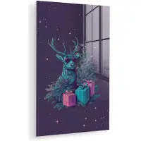 MuchoWow Glasschilderij 20x30 cm - Schilderij acrylglas - Rendier - Zonnebril - Neon - Kerstboom - Foto op glas - Muurdecoratie woonkamer - Wanddecoratie slaapkamer - Schilderijen
