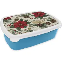 MuchoWow Broodtrommel Blauw - Lunchbox Feestelijk - Textielpatroon - Kerstbloemen - Kleurrijk - Brooddoos 18x12x6 cm - Brood lunch box - Broodtrommels voor kinderen en volwassenen