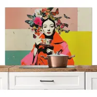 KitchenYeah Spatscherm keuken 120x80 cm - Kookplaat achterwand Retro - Vrouw - Kopje - Vlinders - Muurbeschermer - Spatwand fornuis - Hoogwaardig aluminium