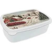 MuchoWow Broodtrommel Wit - Lunchbox Kerstsfeer - Landelijk - Rood - Brooddoos 18x12x6 cm - Brood lunch box - Broodtrommels voor kinderen en volwassenen