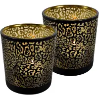 Mars & More Theelichthouder - Set van 2x stuks - mat zwart - 18 cm - jaguar print - glas - waxinelichthouder - Windlichtjes/kaarsenhouders