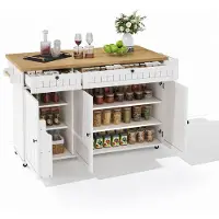 Merax Keukeneiland met Opklapbaar Werkblad - Verrijdbare Keukenkast met Lades Deuren Opbergvakken en Handdoekhouder - Wit met Houten Blad - 137×89.5×45 cm