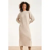 Smashed Lemon 24631 beige e gebreide midi jurk met kabelstructuur |