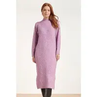 Smashed Lemon 24631 paars e gebreide midi jurk met kabelstructuur |