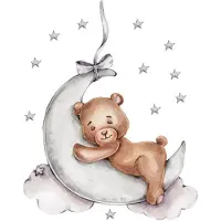 Siso Wandsticker Beer op de Maan - Zelfklevende Ruimte Muurdecoratie voor Kinderkamer - 72x57 cm - Space Wandsticker met Sterren en Maan
