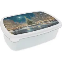 MuchoWow Broodtrommel Wit - Lunchbox Kerstnacht - Stadsplein - Meerkleurig - Brooddoos 18x12x6 cm - Brood lunch box - Broodtrommels voor kinderen en volwassenen