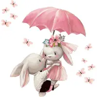 Siso Wandsticker Konijntjes met Paraplu - Zelfklevende Muurdecoratie voor Kinderkamer - 64x62 cm - Schattige Konijnen Sticker voor Meisjeskamer en Babykamer - Muursticker