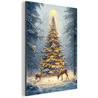 MuchoWow Aluminium schilderij 60x80 cm - Wanddecoratie metaal - Kerstlicht - Woud - Hert - Donker - Metalen muurdecoratie woonkamer - Decoratie industrieel - Foto op dibond - Industriële accessoires slaapkamer