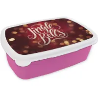 MuchoWow Broodtrommel Roze - Lunchbox Jingle - Bells - Kerst - Rood - Brooddoos 18x12x6 cm - Brood lunch box - Broodtrommels voor kinderen en volwassenen
