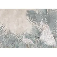 WALLARENA - Fotobehang - 250x175 cm - fotobehang met pauwenbladeren op beton met vogelmotief voor de slaapkamer en woonkamer