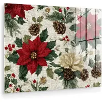 MuchoWow Glasschilderij 160x120 cm - Schilderij acrylglas - Feestelijk - Textielpatroon - Kerstbloemen - Kleurrijk - Foto op glas - Muurdecoratie woonkamer - Wanddecoratie slaapkamer - Schilderijen