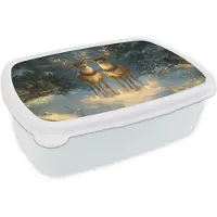 MuchoWow Broodtrommel Wit - Lunchbox Dennensprookje - Rendier - Nacht - Brooddoos 18x12x6 cm - Brood lunch box - Broodtrommels voor kinderen en volwassenen