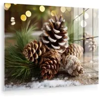 MuchoWow Glasschilderij 160x120 cm - Schilderij acrylglas - Dennenappels - Kerstsfeer - Bruin - Groen - Foto op glas - Muurdecoratie woonkamer - Wanddecoratie slaapkamer - Schilderijen