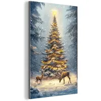 MuchoWow Aluminium schilderij 20x30 cm - Wanddecoratie metaal - Kerstlicht - Woud - Hert - Donker - Metalen muurdecoratie woonkamer - Decoratie industrieel - Foto op dibond - Industriële accessoires slaapkamer