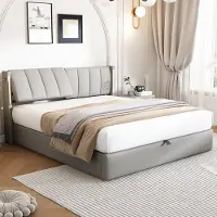 SINGULARITY -Lit rembourré 140 x 190 cm- met LED éclairage- met space de rangement- tête de lit réglable- galet PU- grijs- zonder matras