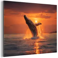 MuchoWow Aluminium schilderij 80x60 cm - Wanddecoratie metaal - Walvis - Zon - Zee - Metalen muurdecoratie woonkamer - Decoratie industrieel - Foto op dibond - Industriële accessoires slaapkamer