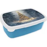 MuchoWow Broodtrommel Blauw - Lunchbox Kerstlicht - Woud - Hert - Donker - Brooddoos 18x12x6 cm - Brood lunch box - Broodtrommels voor kinderen en volwassenen